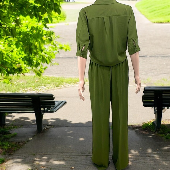 La Diosa Olive Green Tie Front Cropped Top 2-Piece Pant Set - Picture 10 of 16